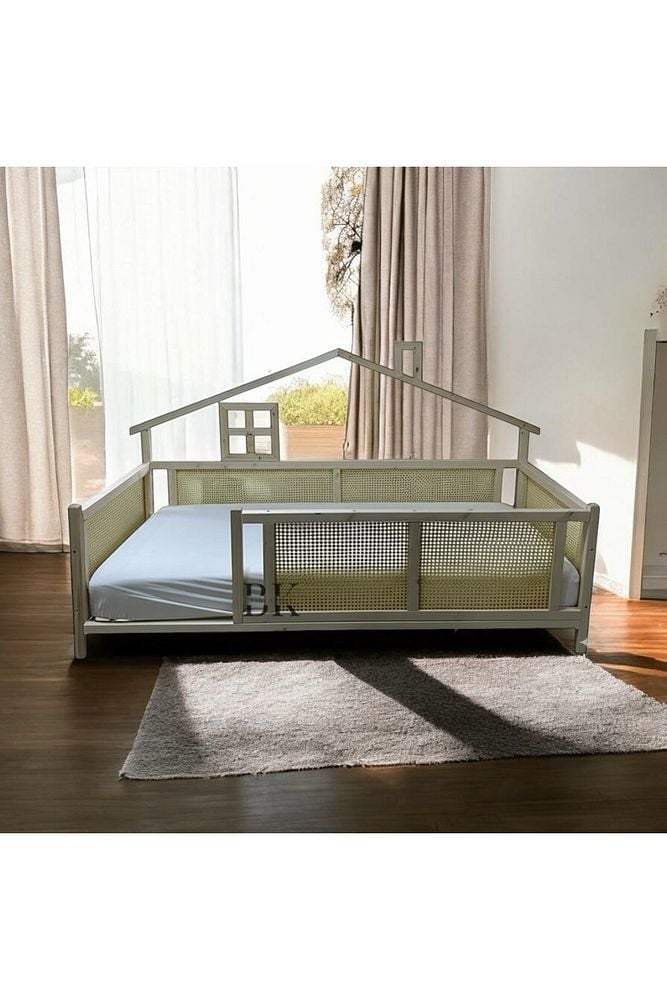 Hasır Detaylı Wicker Doğal Ahşap Montessori Bebek ve Çocuk Karyolası