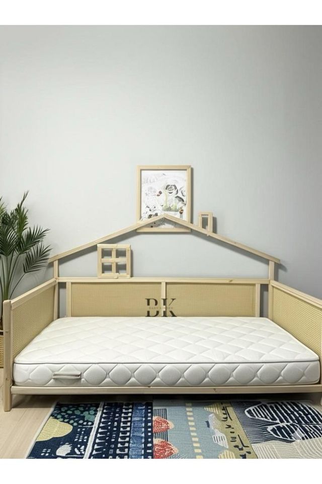 Hasır Detaylı Wicker Doğal Ahşap Montessori Bebek ve Çocuk Karyolası