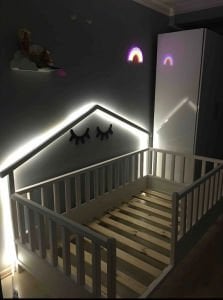 Baby Kinder Wh. Back Roofed Doğal Ahşap Yatak Montessori Bebek ve Çocuk Karyolası Mat Beyaz - 80 x 180